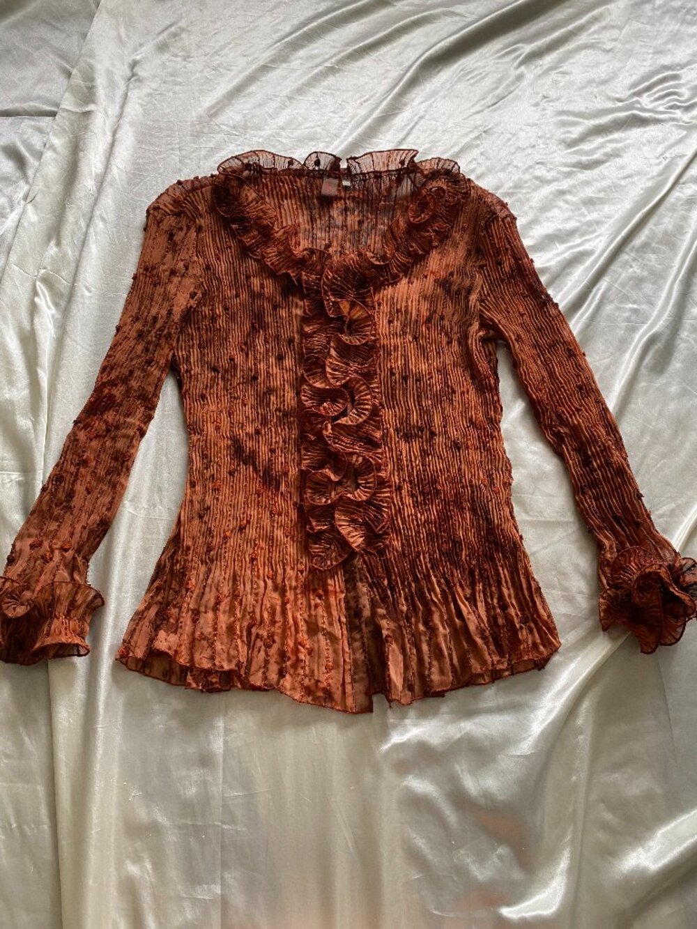 Y2K Burnt Orange Pleated Ruffle Long Sleeve Blouse Sheer Boho Pretty Angel Sz. M